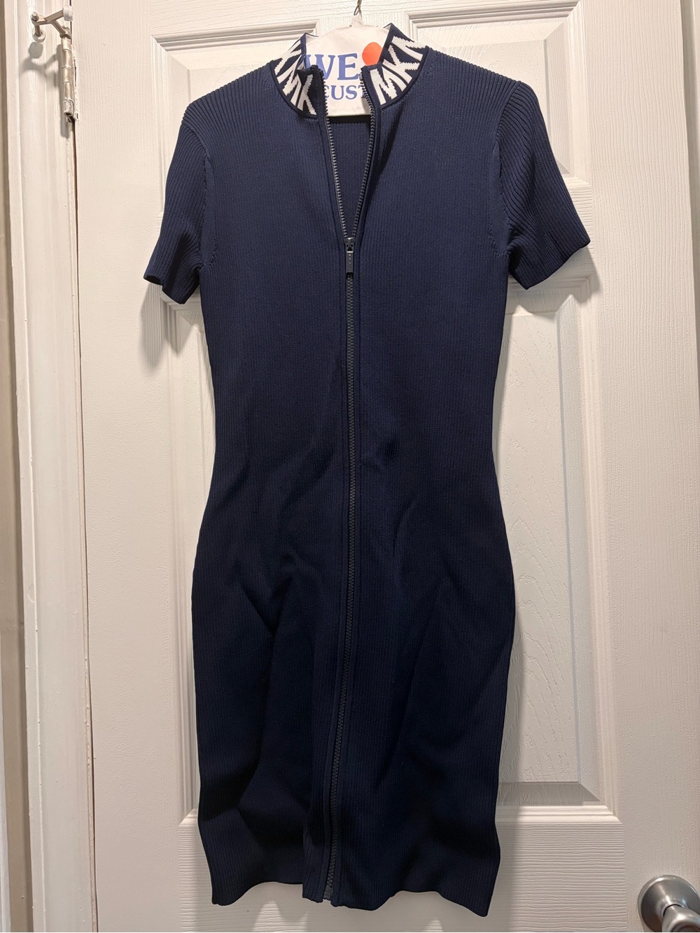 Michael Kors Navy Ribbed Zip-Front Short Sleeve Dress with Logo Collar